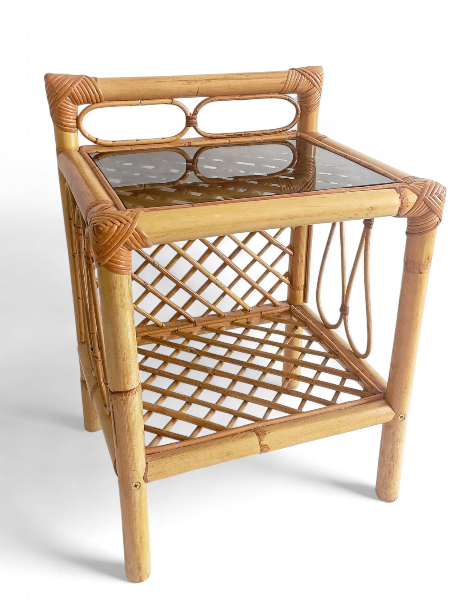 Mid-Century Bamboo and Rattan Nightstands, Spain, Hand-Crafted, 1970s