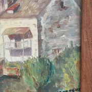 Painting on wood of a countryside village, Creuse