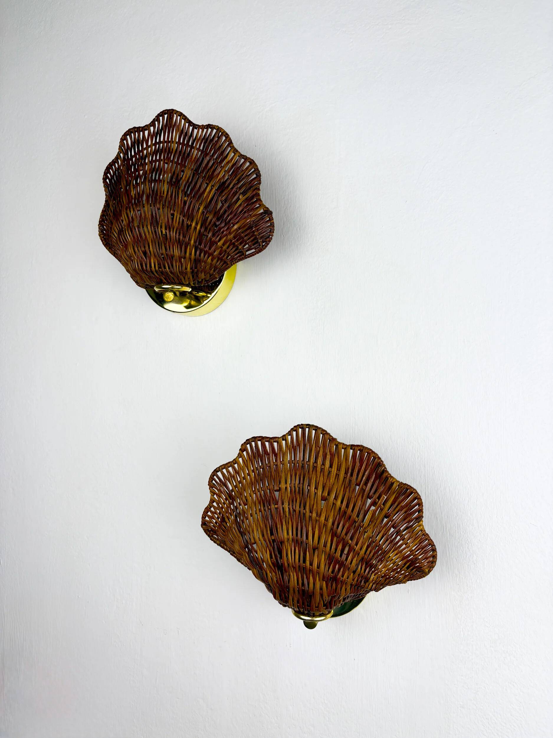 Pair of scalloped rattan wall sconces, 1980s, sourced in Spain