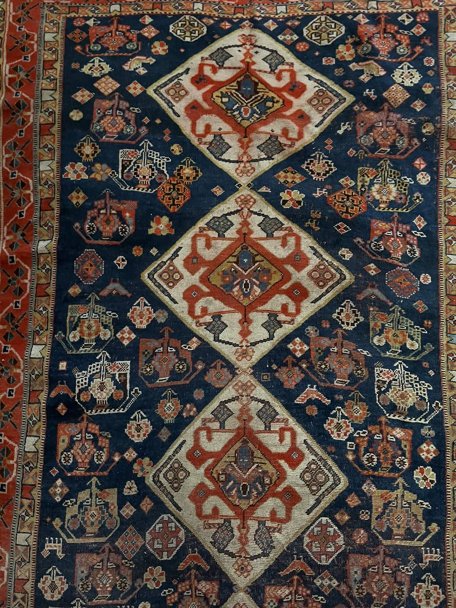 Antique handmade Persian Qashqai nomadic rug – blue background 94x112cm