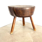 Large brutalist solid wood round tripod side table