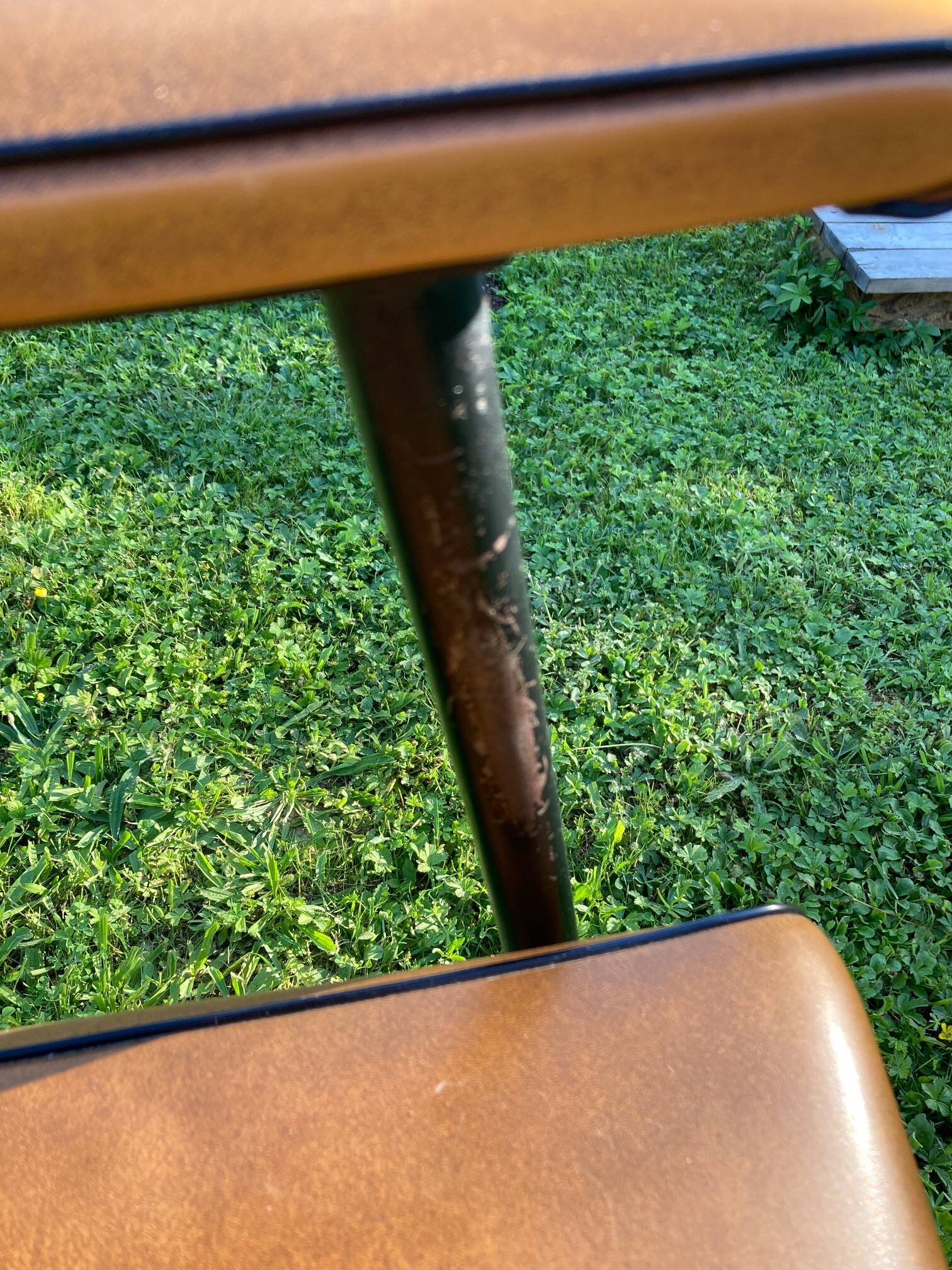 Rare light brown leatherette armchair, by "Colette Gueden", designer from the 50s