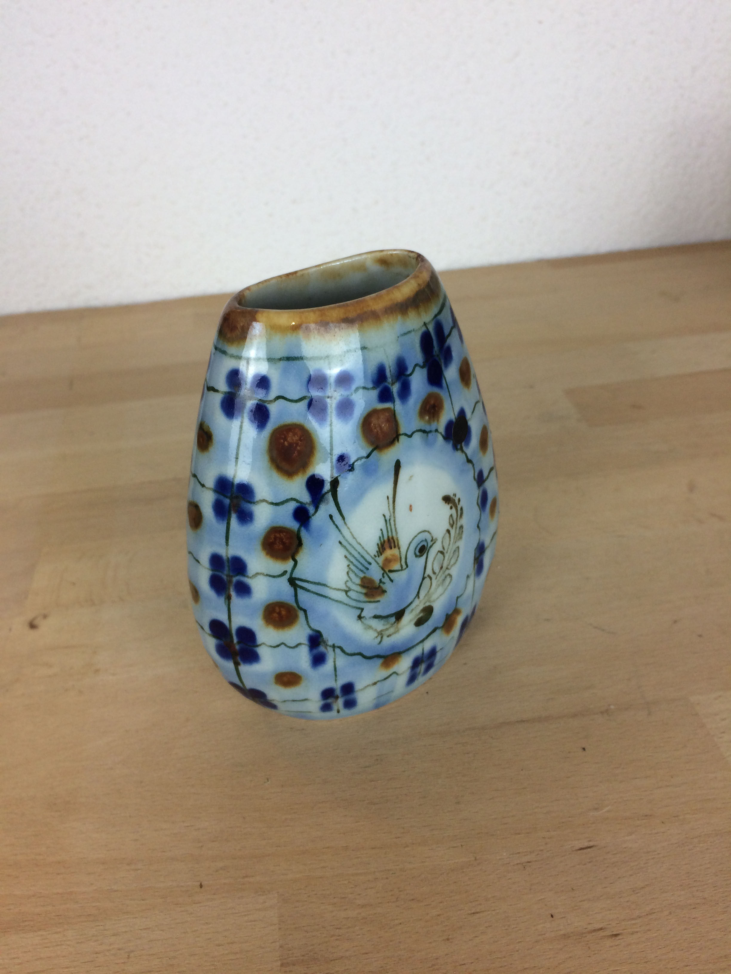 Vintage blue ceramic vase, bird decor