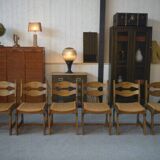 Set of 6 oak dining chairs with rush seat and 'Echelle' backrest in the style of Guillerme et Chambron 1950s