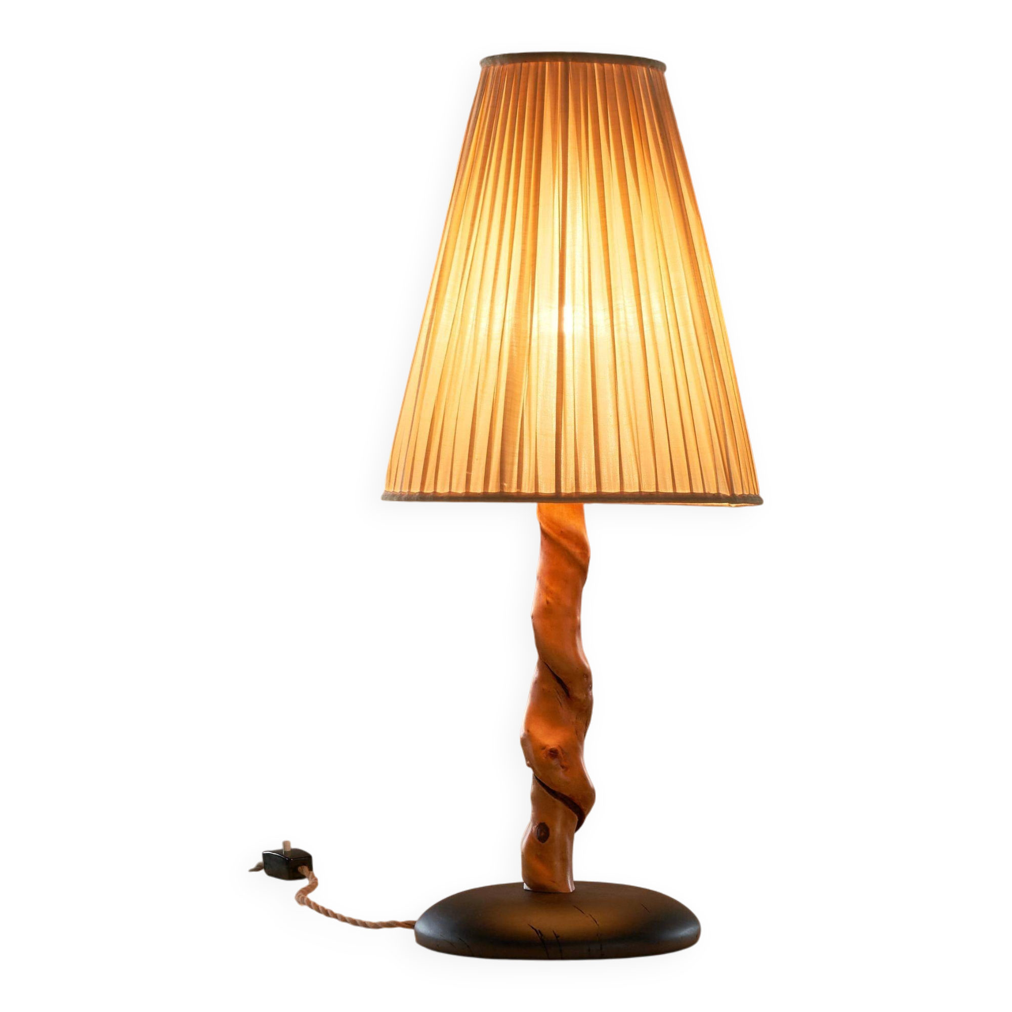 Tree Trunk table lamp in acacia, oak, and linen, 1950s