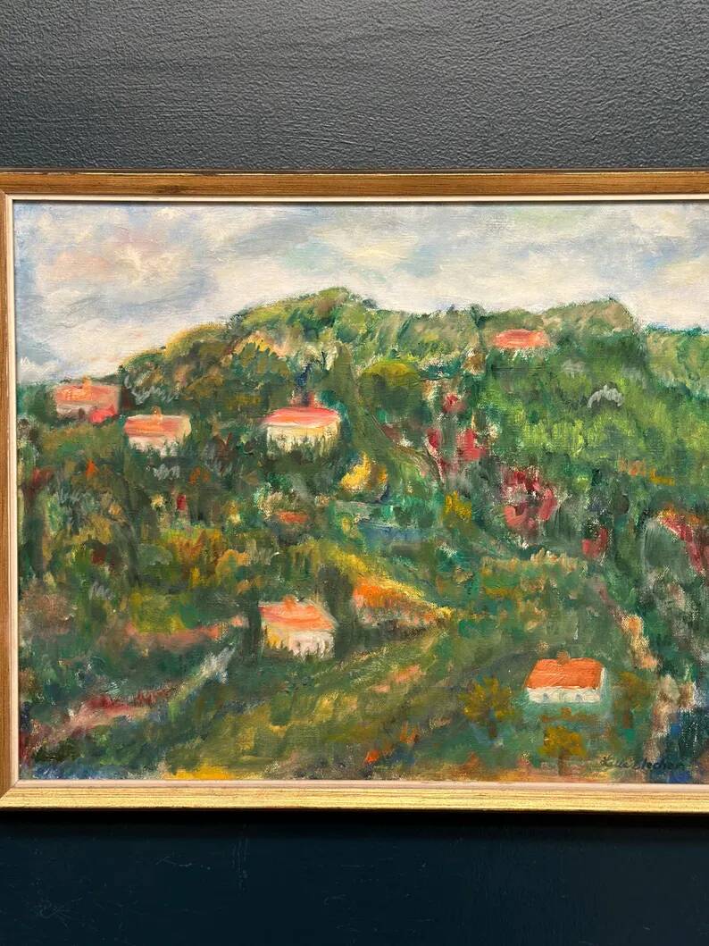 Original Swedish Oil on Canvas – “Hilly Landscape with Houses” by Lalla Blecher – Signed – Vintage & Framed