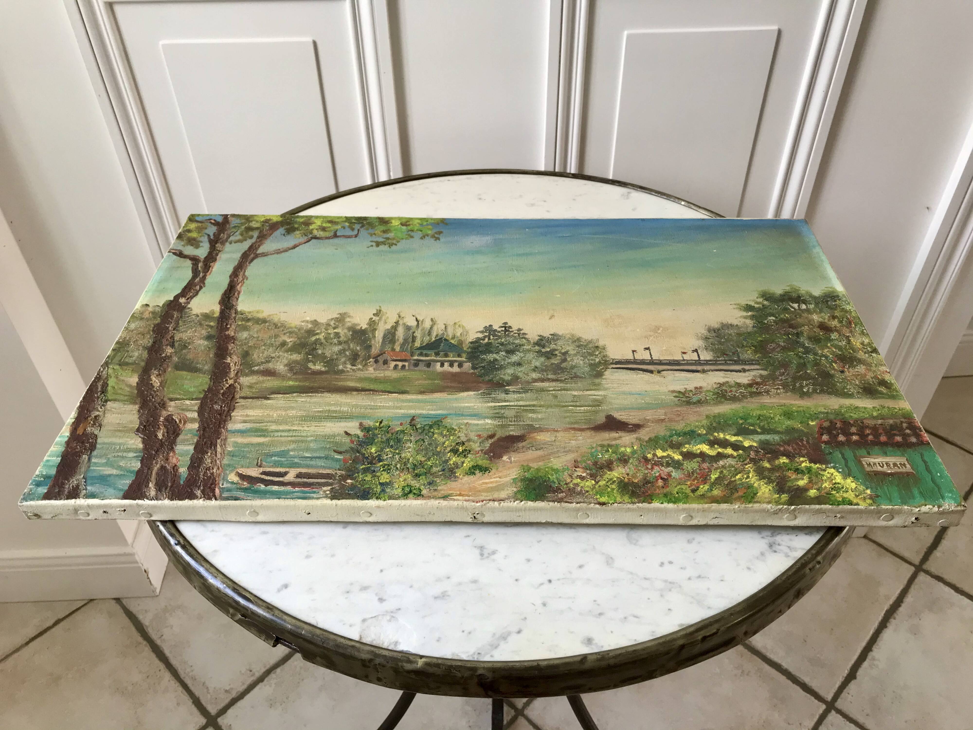 Oil painting on canvas landscape river bellerive bridge signed "morand" vinage