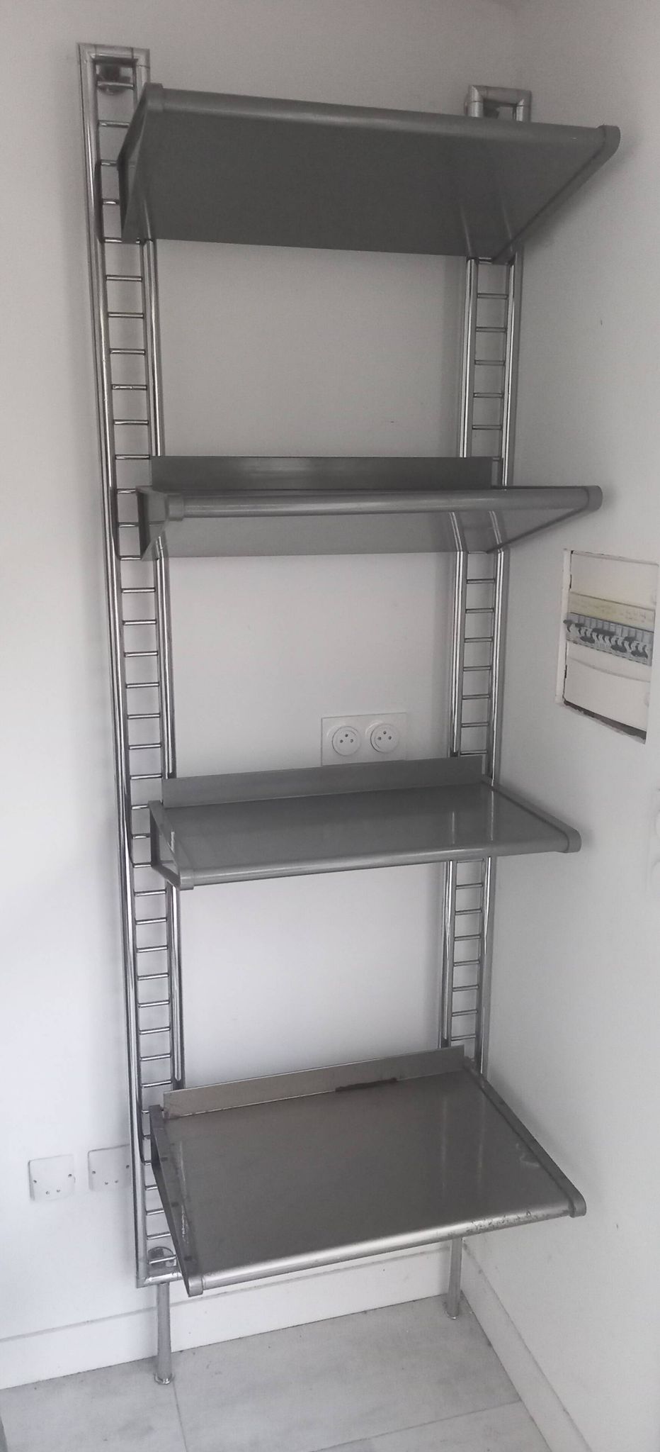Large chrome wall shelf, aluminium and metal, 1970s industrial, 220cm.