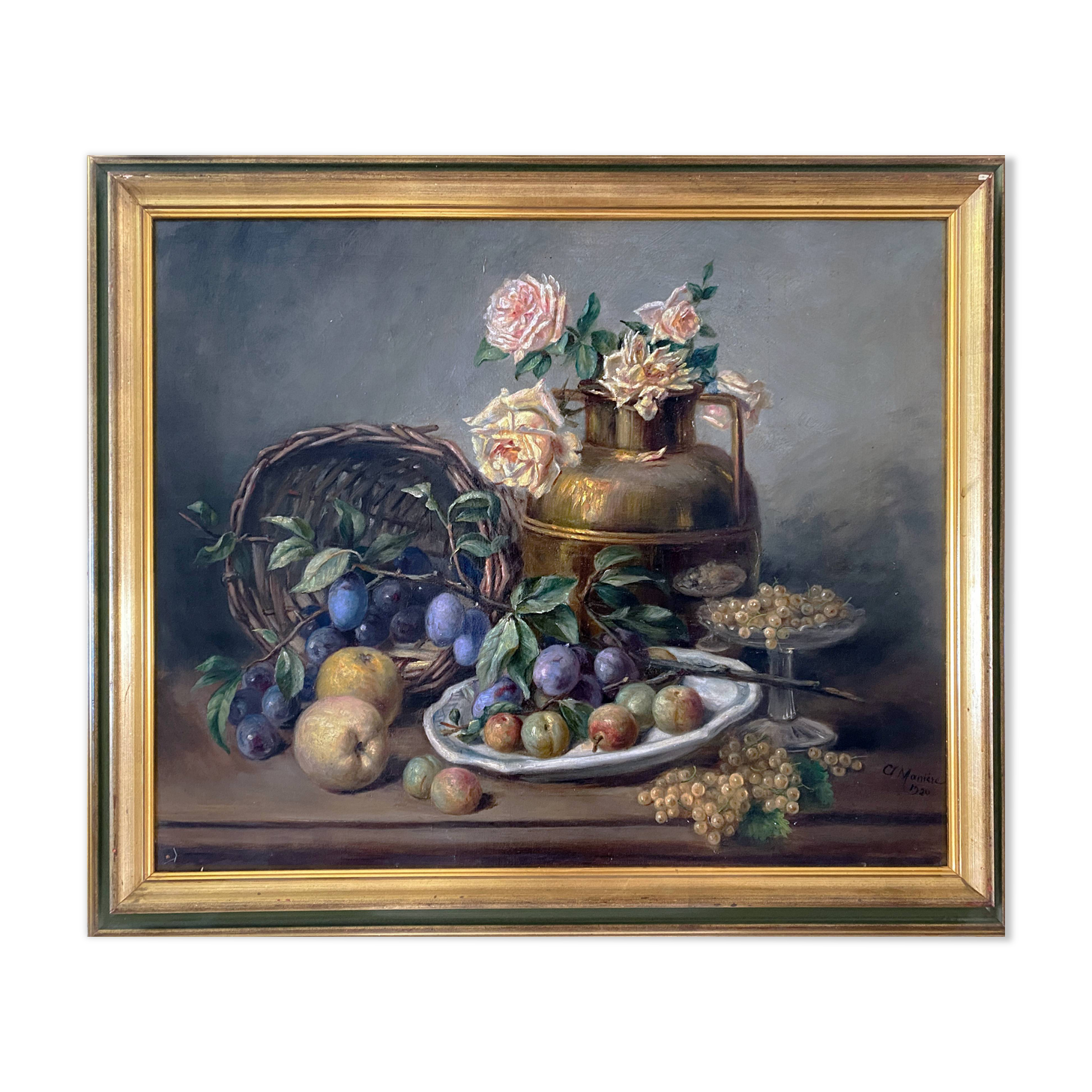 HST painting "Still life with roses and fruits" signed Maniere 1920