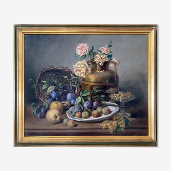 HST painting "Still life with roses and fruits" signed Maniere 1920