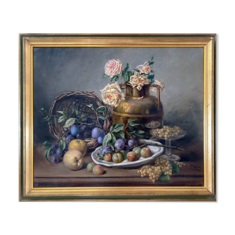 Tableau HST "Nature morte aux roses et fruits" signé Maniere 1920