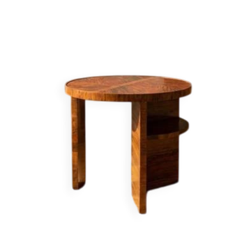 Art Deco round side table with shelf – vintage wood occasional table / bedside table