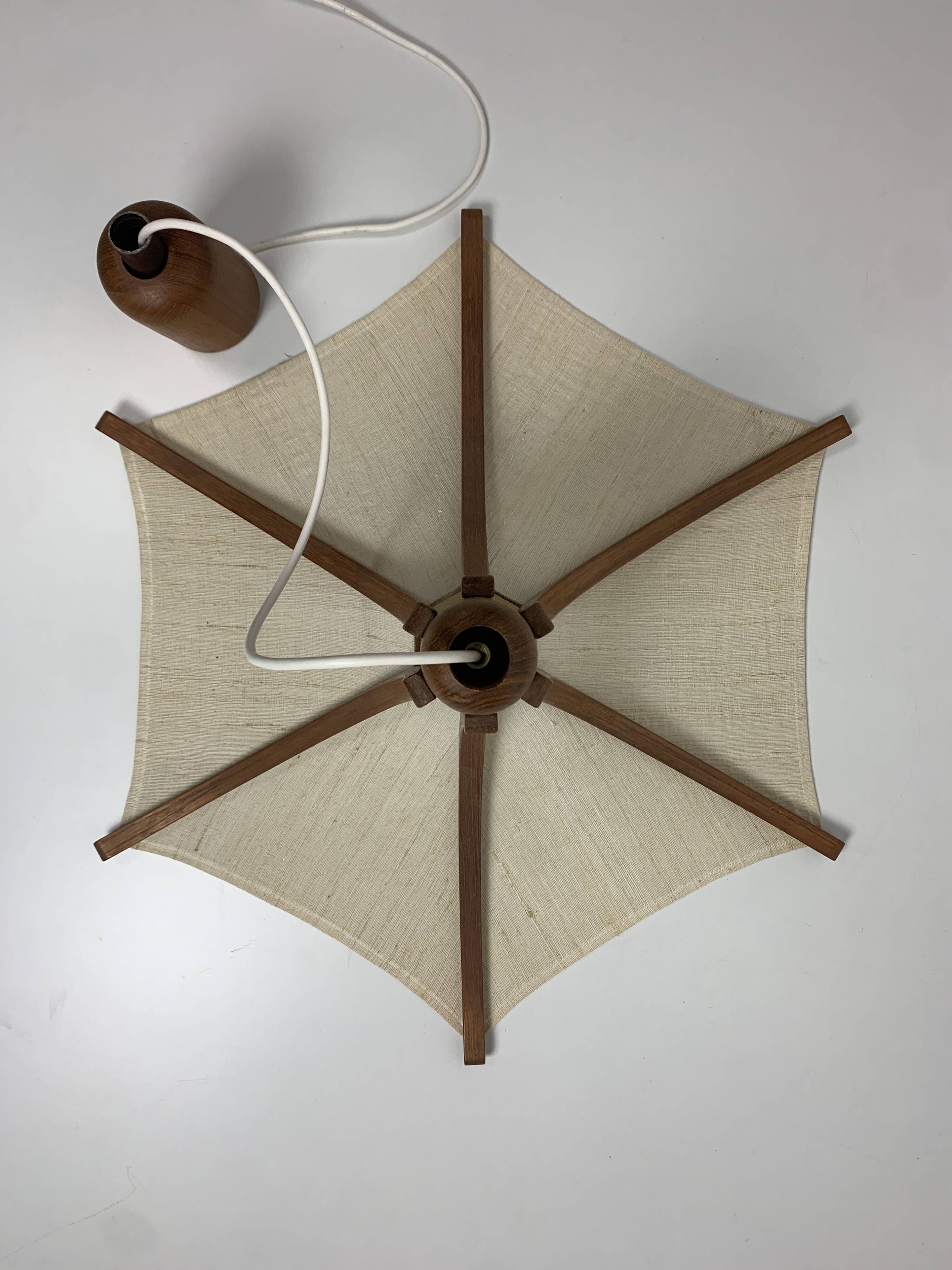 Teak and linen umbrella pendant hanging lamp by Domus, 1970s