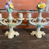 Pair of Double Candelabra Candle Holders CAPODIMONTE Polychrome Ceramic
