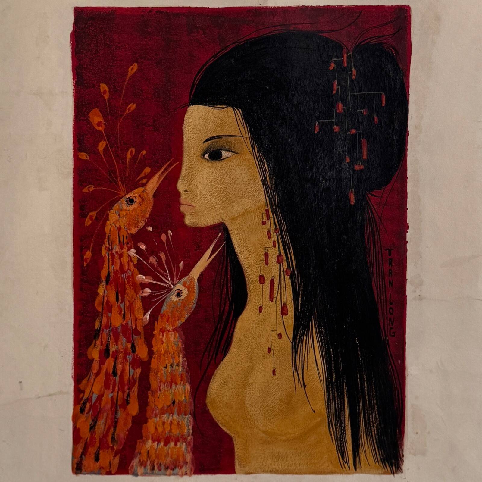 Acrylic on paper, young nude girl with peacock heads by Tran Long, 20th century