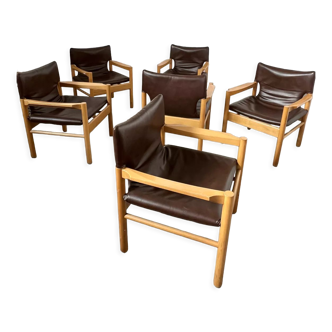 Lot 6 fauteuils bois simili cuir vintage année 70 design stuhle aus Stein am Rhein Bruno Rey safari