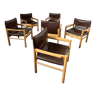 Lot 6 fauteuils bois simili cuir vintage année 70 design stuhle aus Stein am Rhein Bruno Rey safari