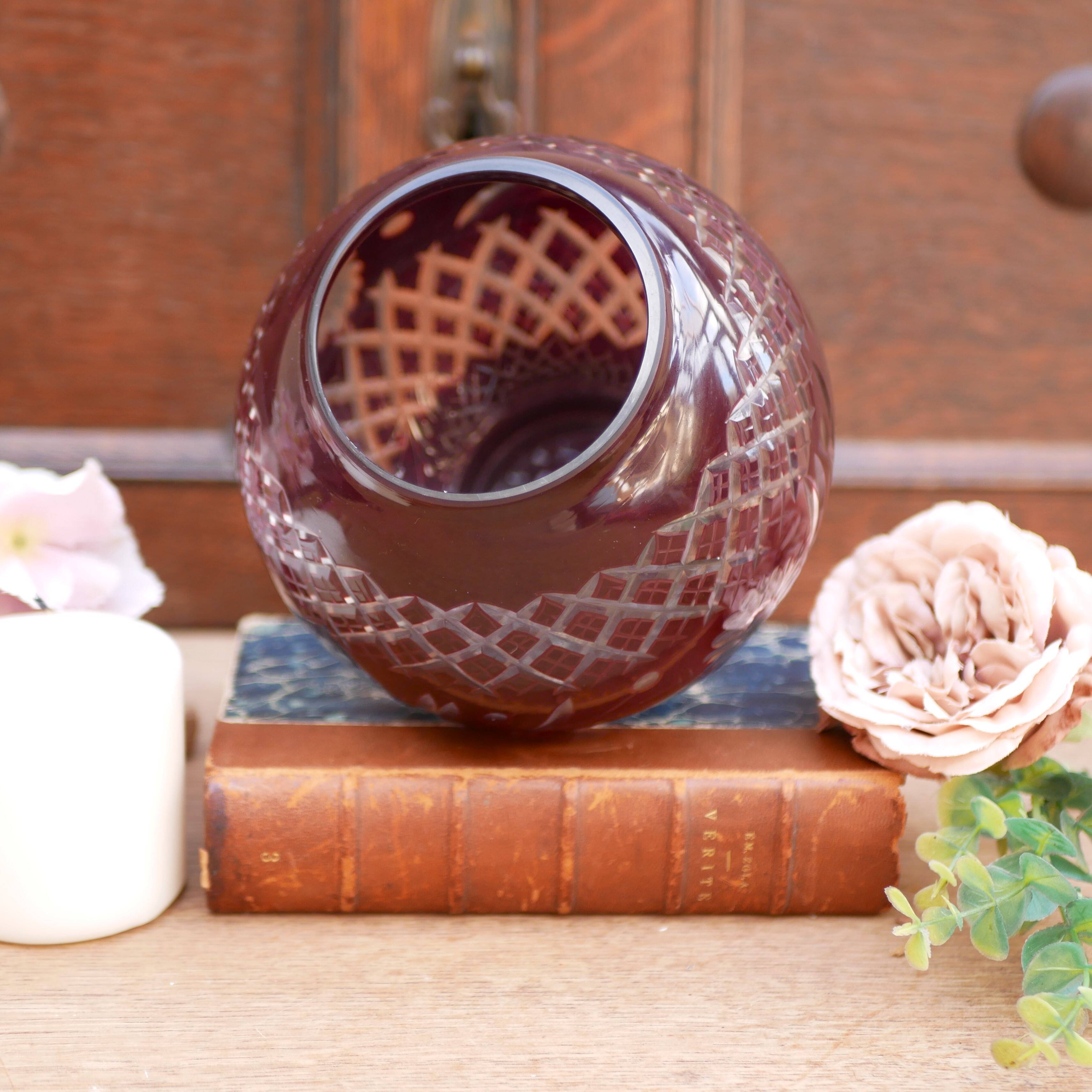 Burgundy cut glass vase or candle holder