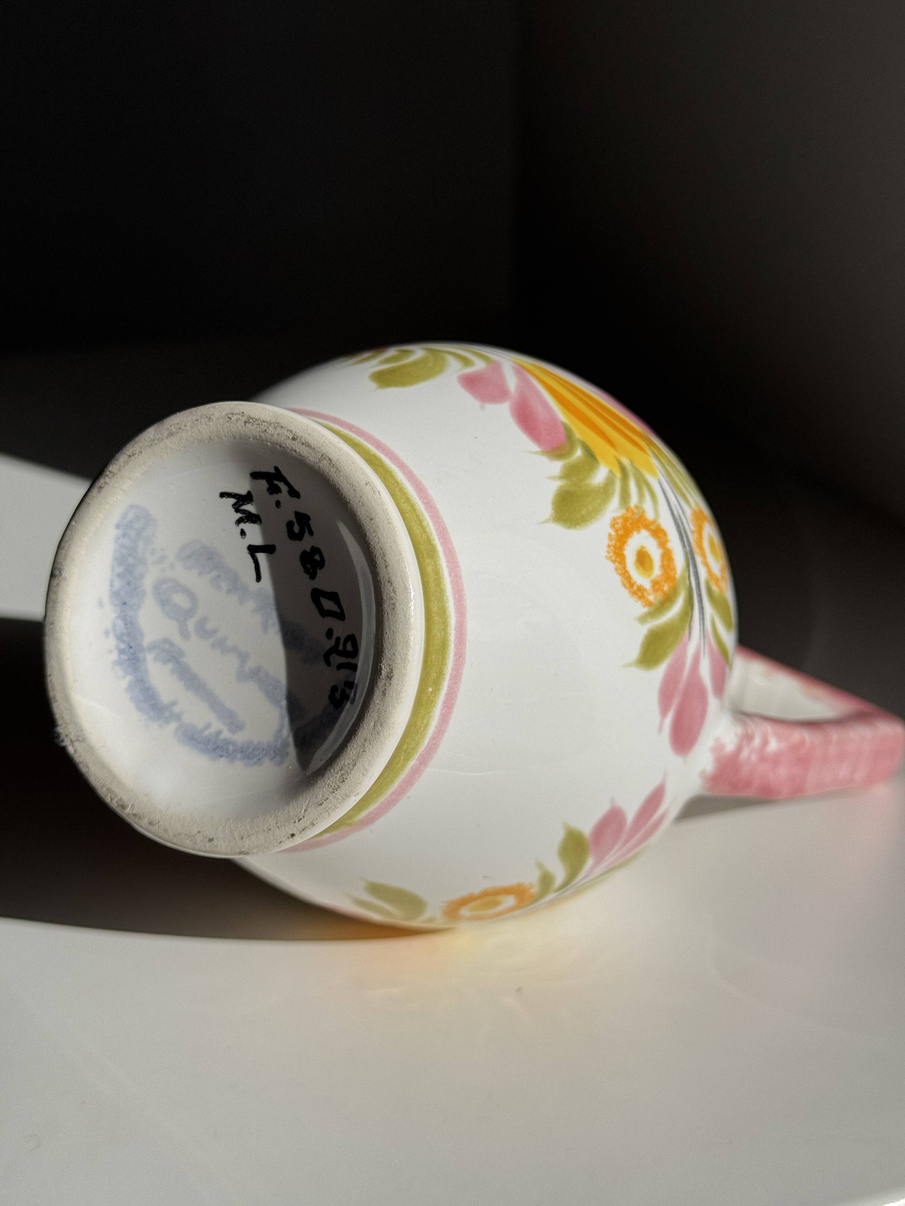 Mini vase with stylised flowers in green and yellow roses, H15.5.