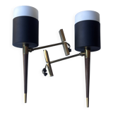 Pair of vintage arlus wall lights – black metal, brass, opaline glass & wood –