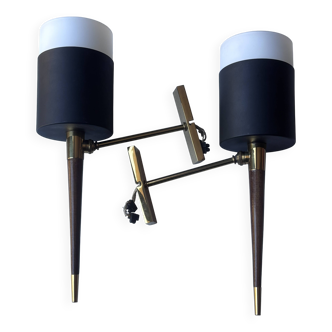Pair of vintage arlus wall lights – black metal, brass, opaline glass & wood –