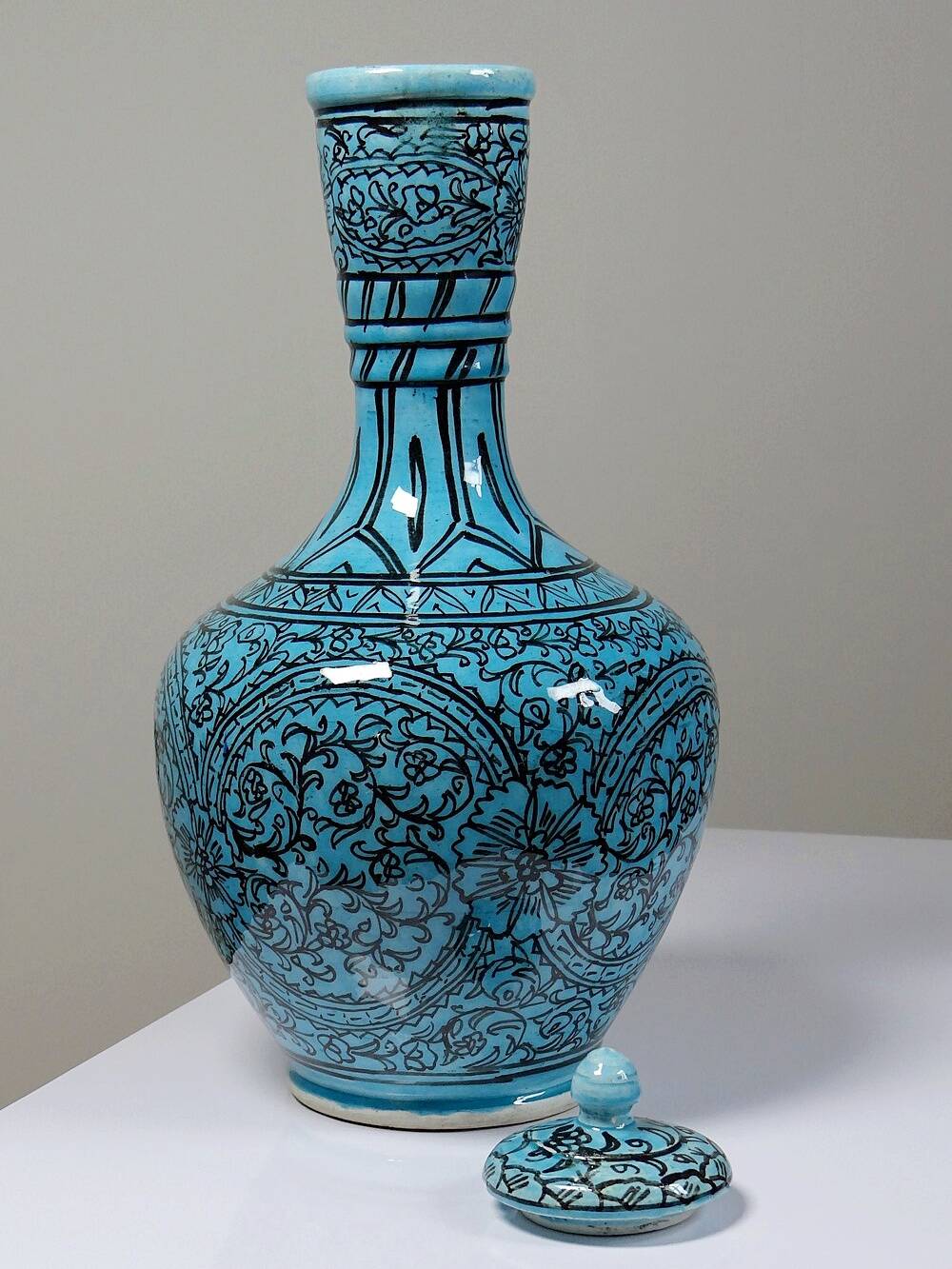 Covered vase or Persian jar, glazed Iznik pottery, vintage turquoise painted.