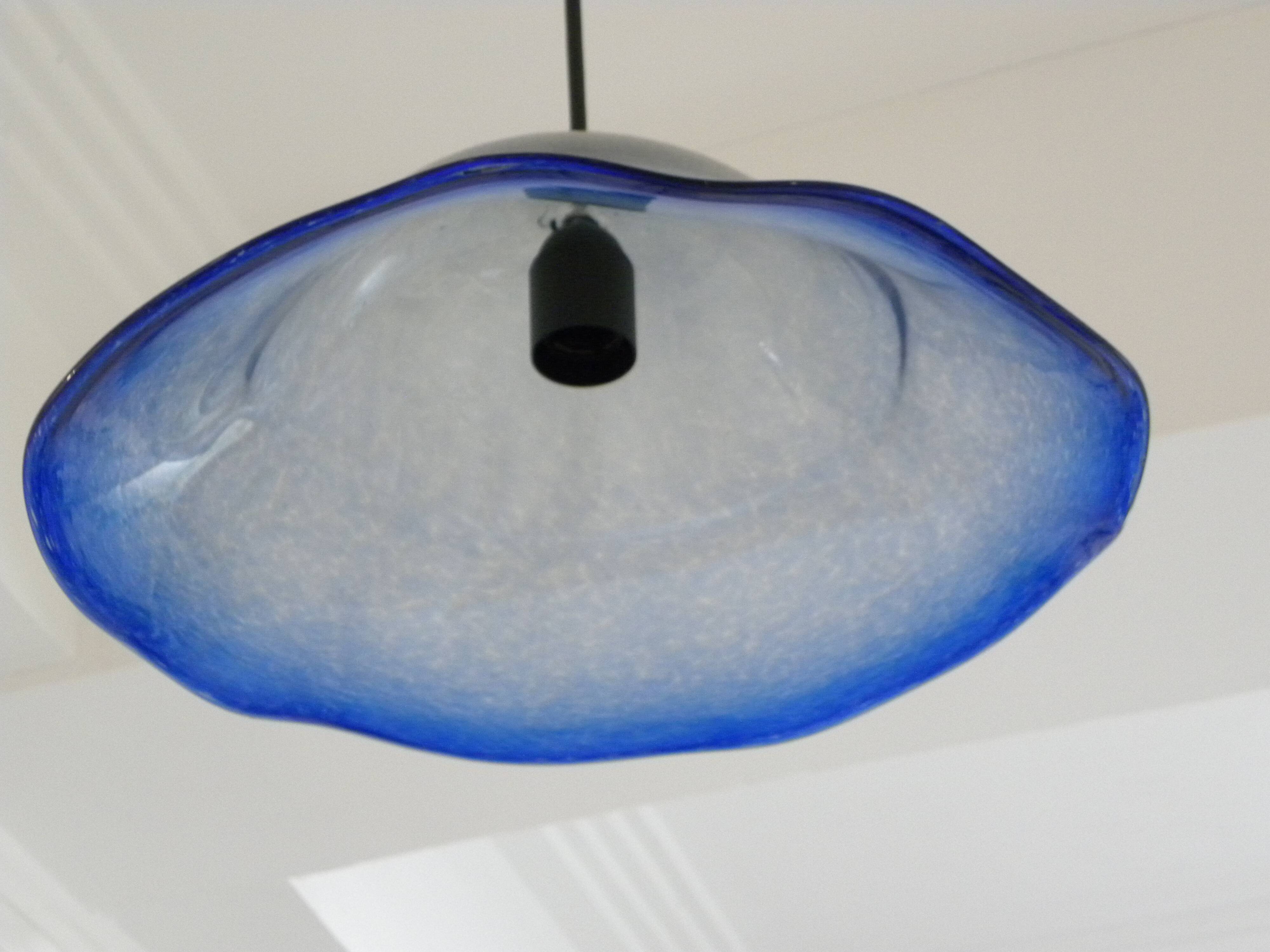 Frosted blue blown glass suspension light in 70s retro style.