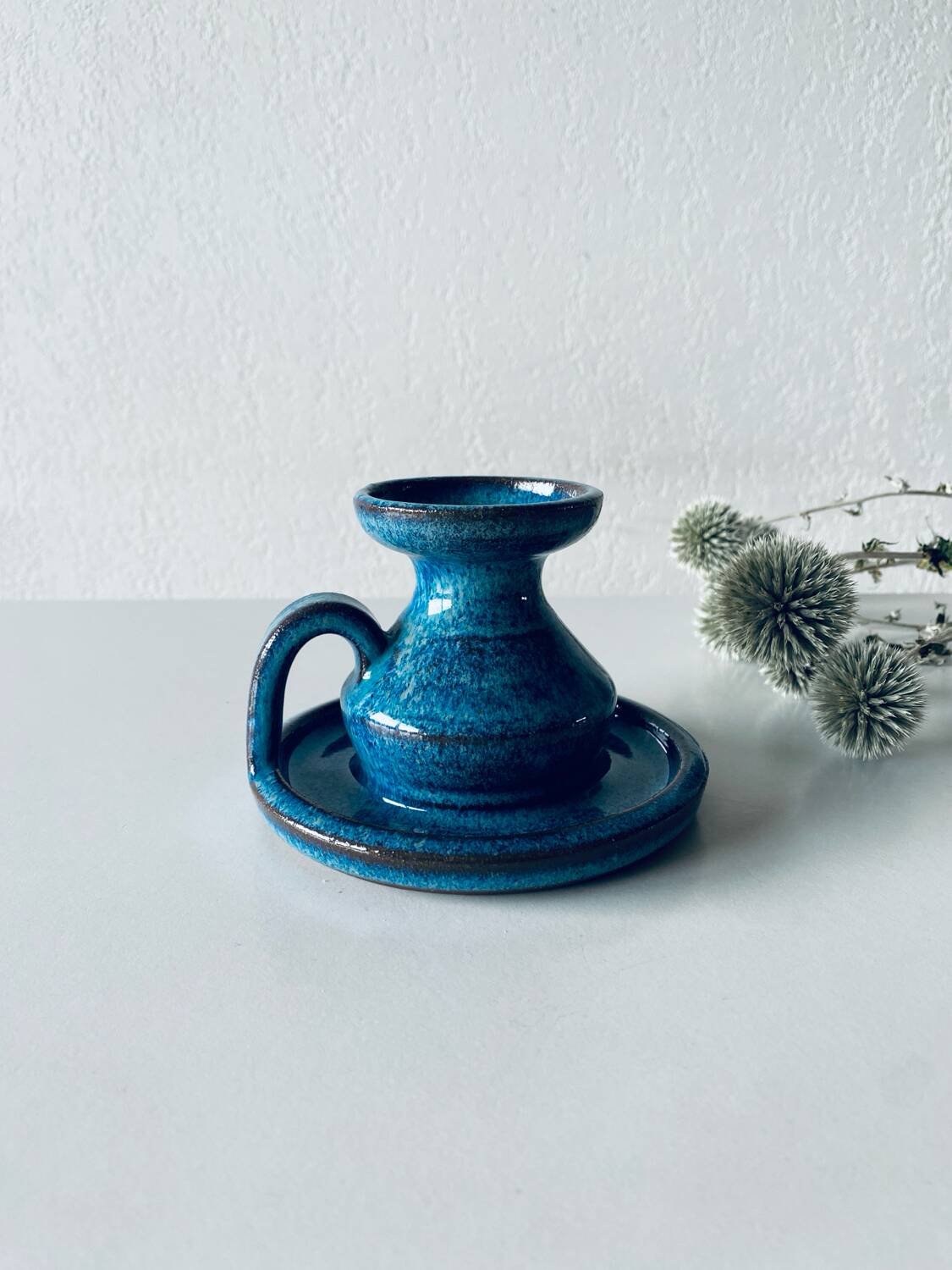 Candle holder in enamelled and signed stoneware