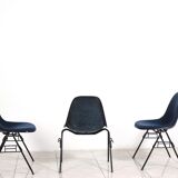 Set of 6 Eames Fiberglass DSX side chairs blue with velvet upholstery