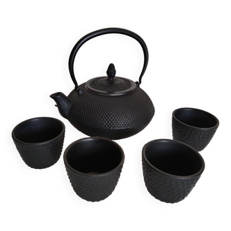 Service à thé japonais  en fonte noire , théière avec infuseur , 4 tasses