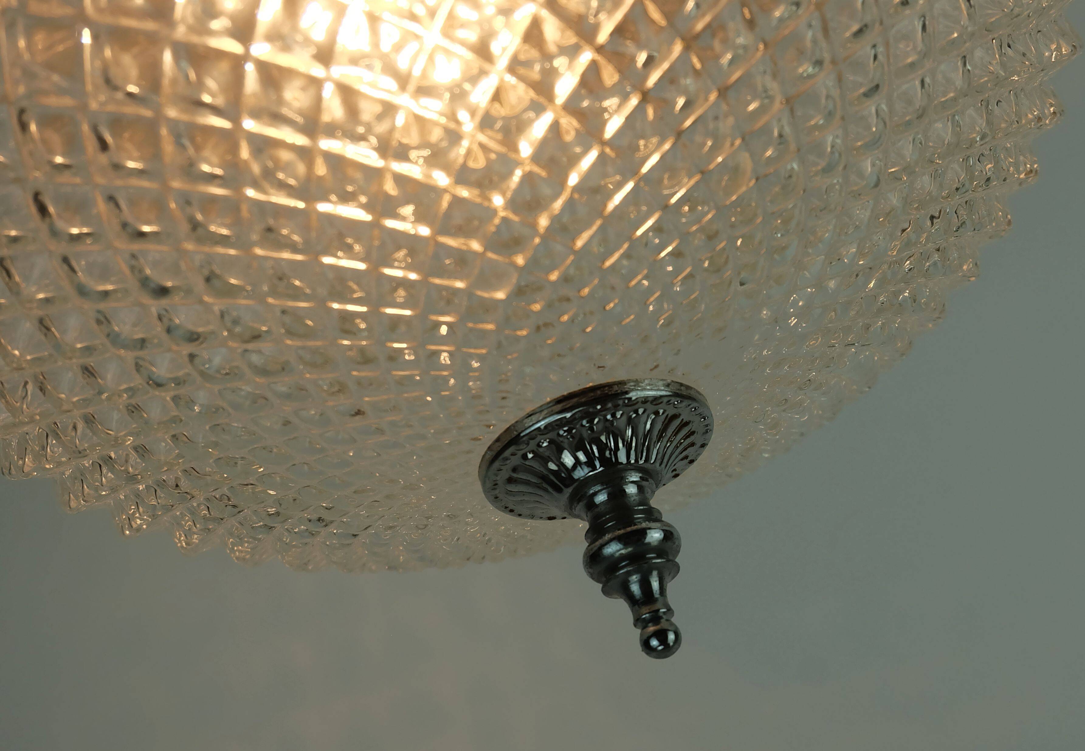 Vintage glass ceiling lamp textured glass and chrome 1970s