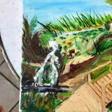 Oil painting on canvas river and pontoon signed