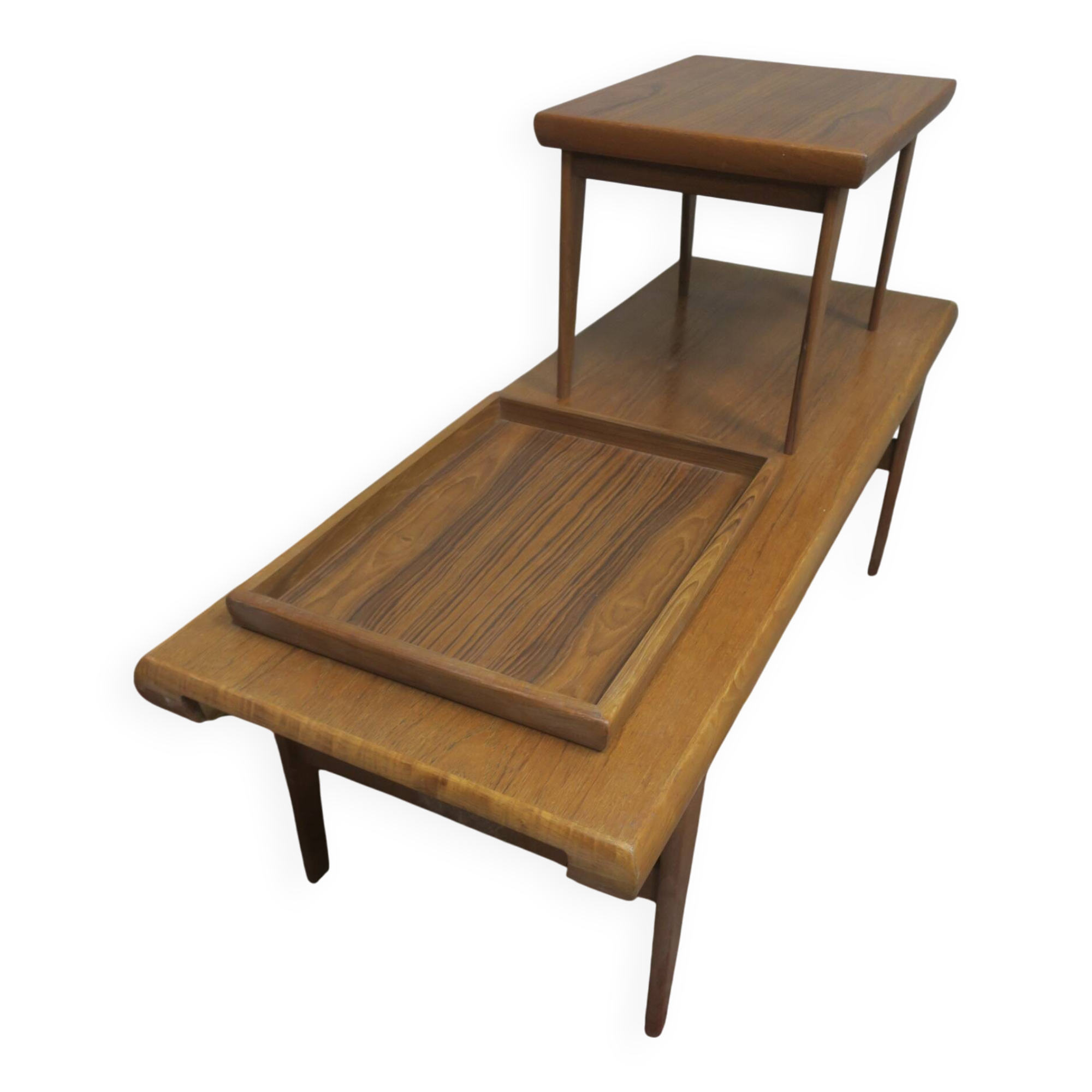 Teak coffee tables and tray by Johannes Andersen for Trioh, Denmark 1960s