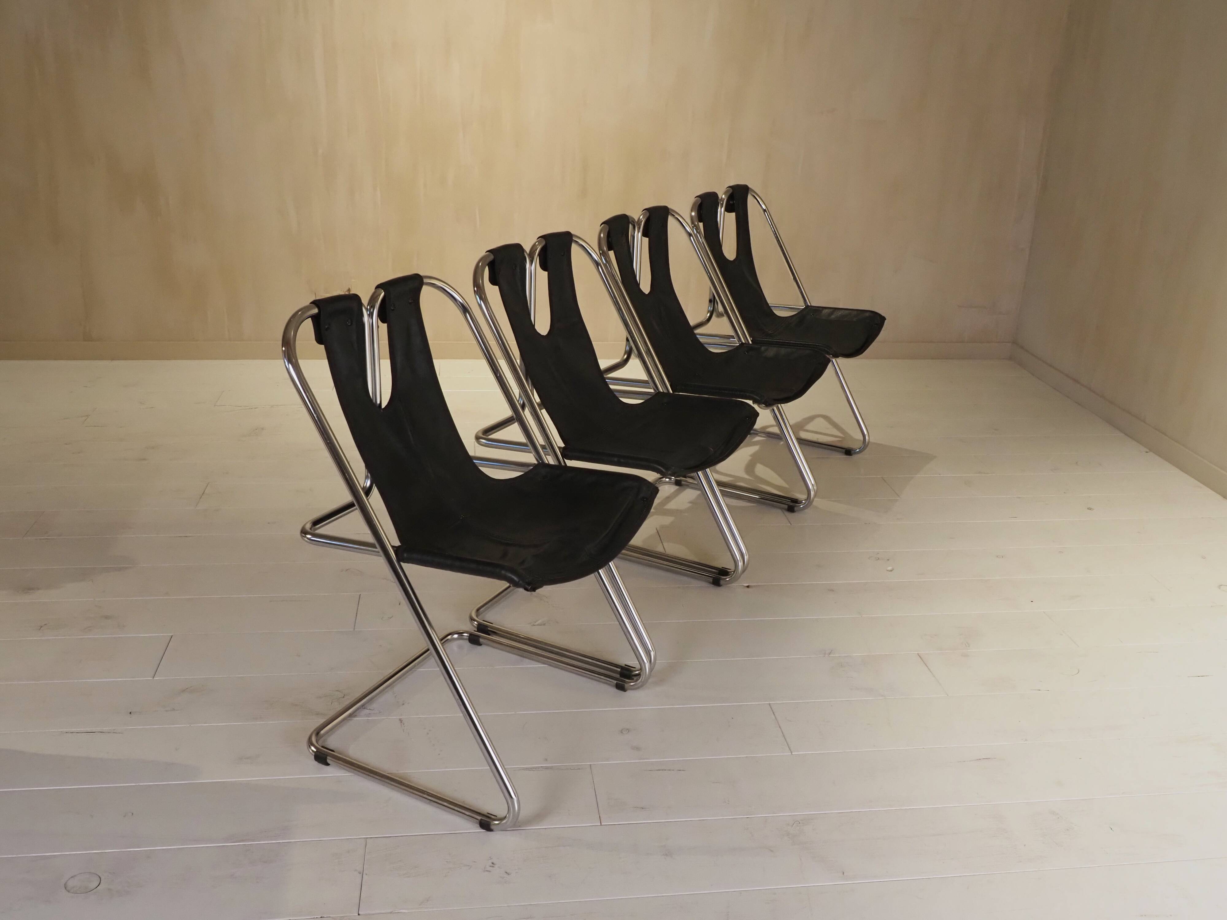 Set of 4 leather and chrome chairs from the 1960s