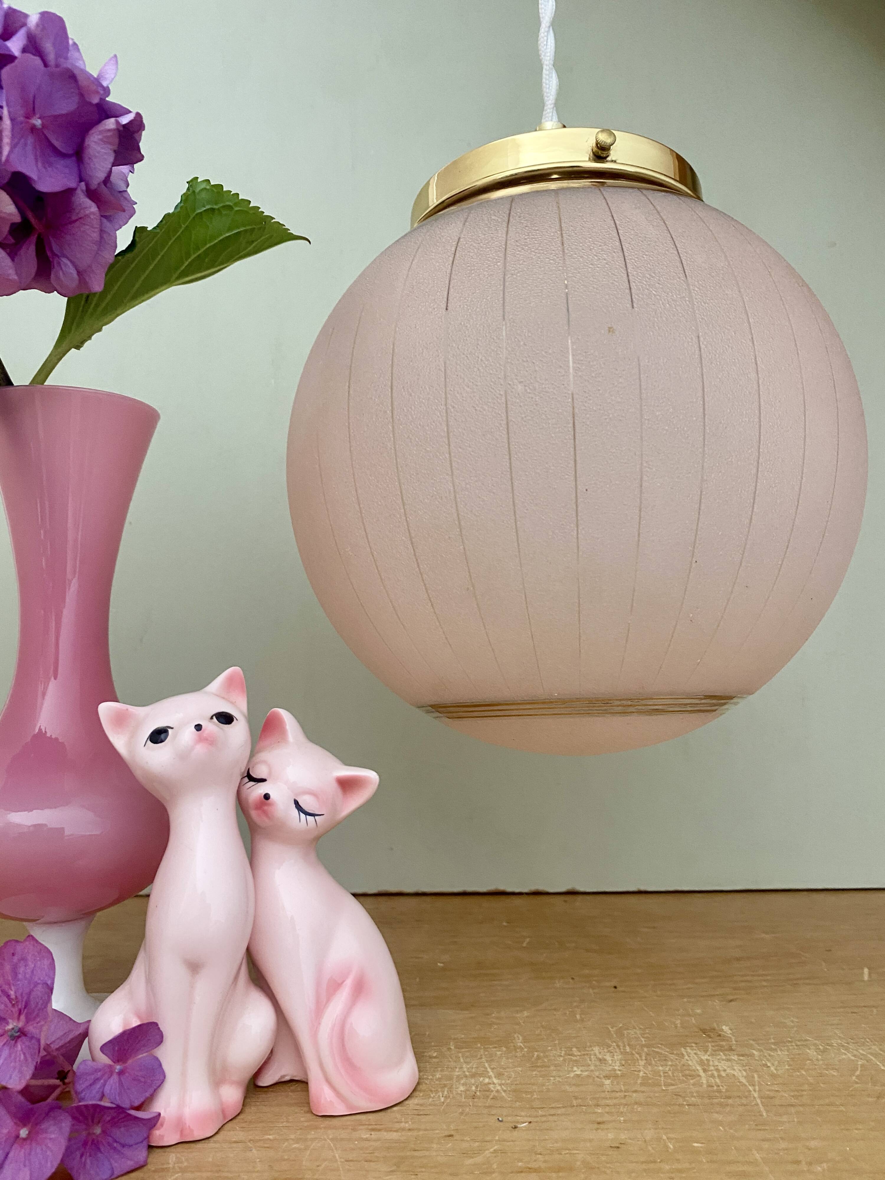 Vintage art deco globe pendant light in pink and gold granite glass