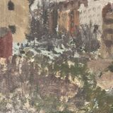 Peinture à l'huile vintage impressionniste représentant un paysage urbain signée par l'artiste 1947