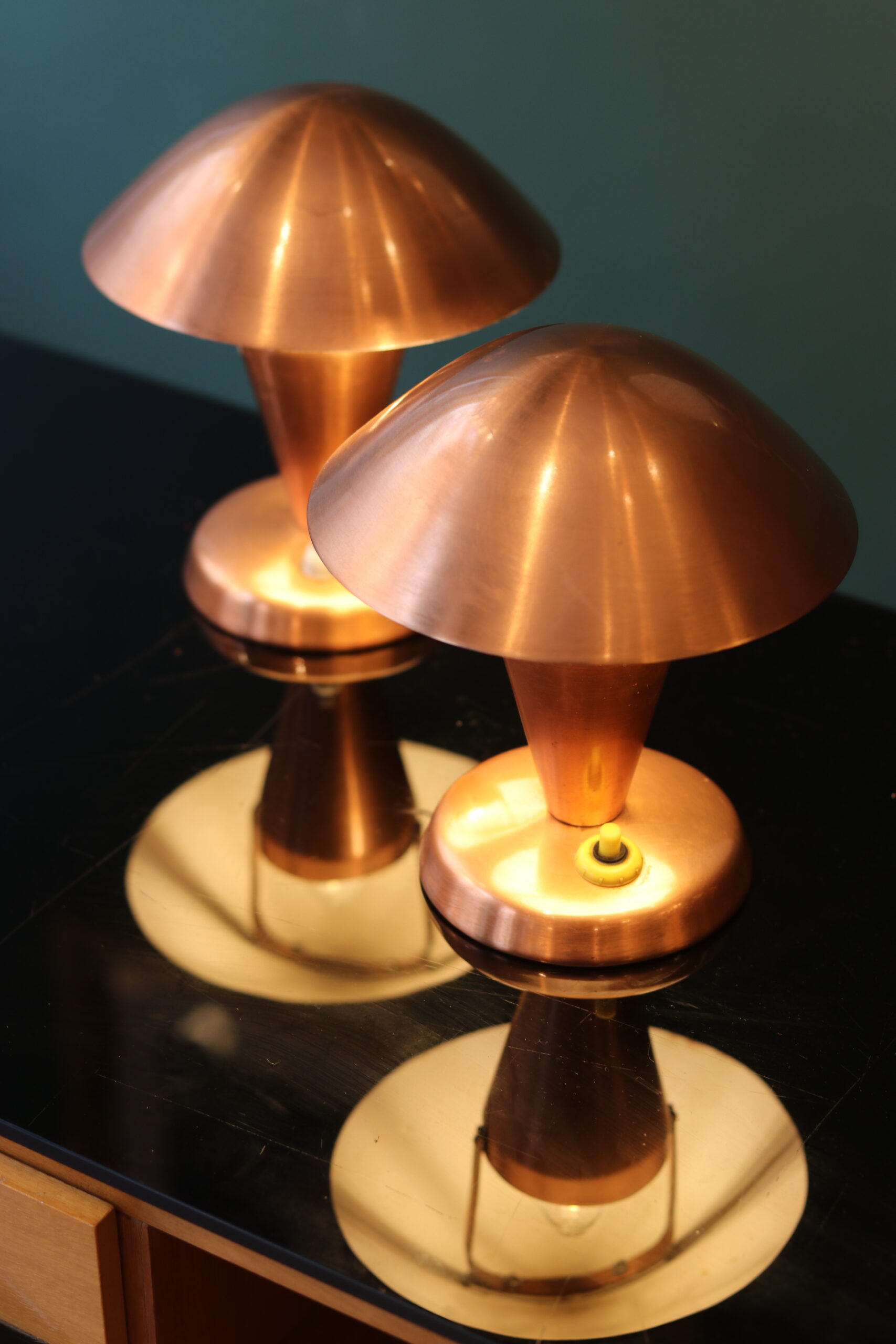 Pair of Bauhaus style mushroom lamps in copper metal.