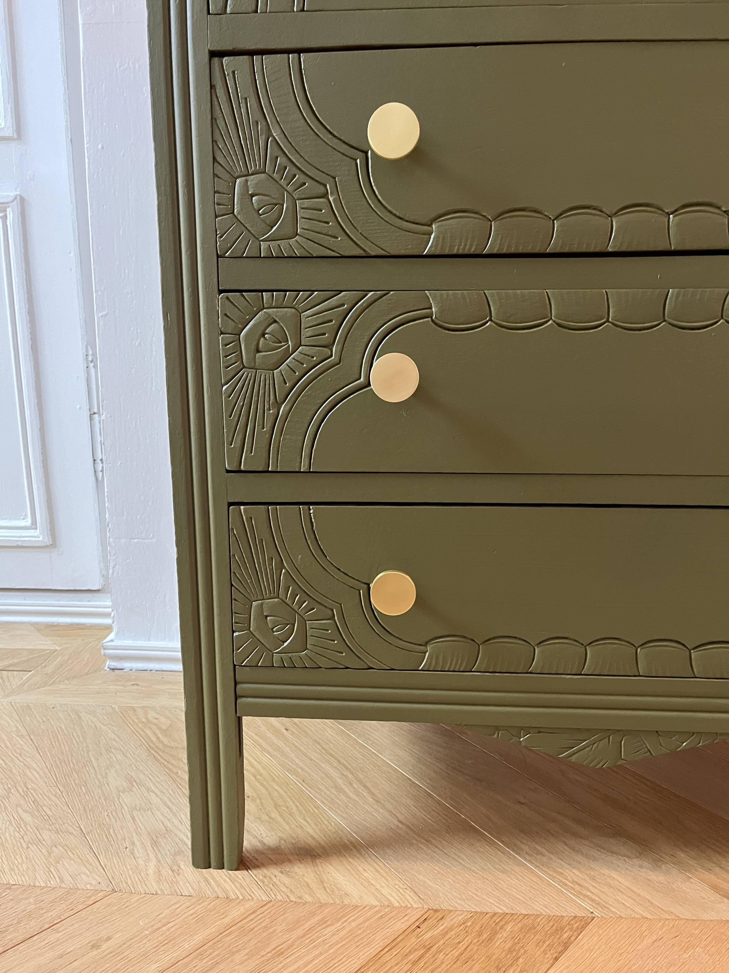 Art Deco chest of drawers - woody green - gold handles