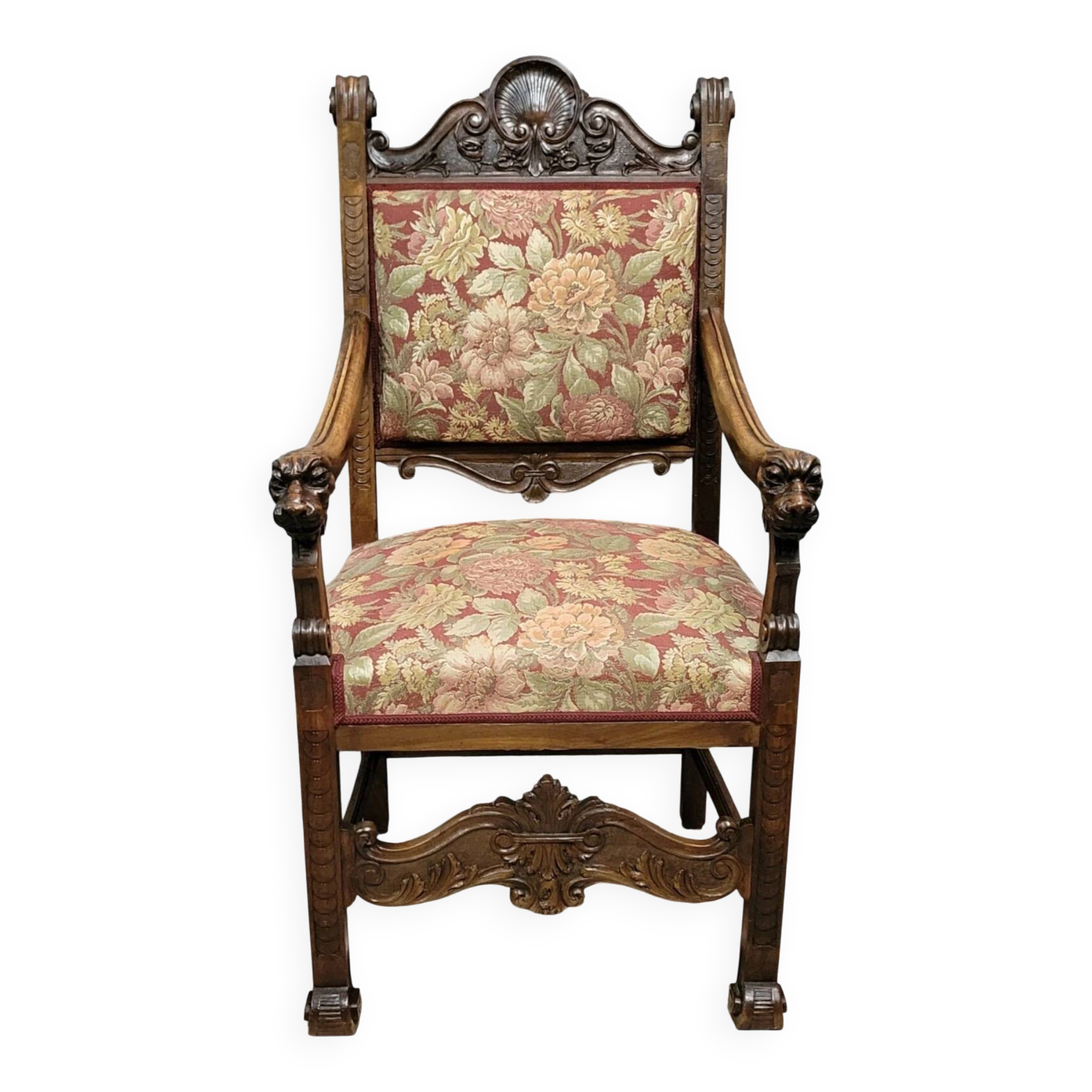 Renaissance style office chair in carved walnut, 19th century