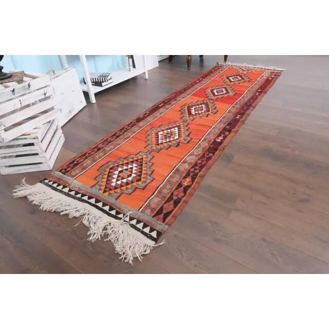 1970s Vintage Turkish Hand-Knotted Wool Cotton Orange Runner Rug 92x320