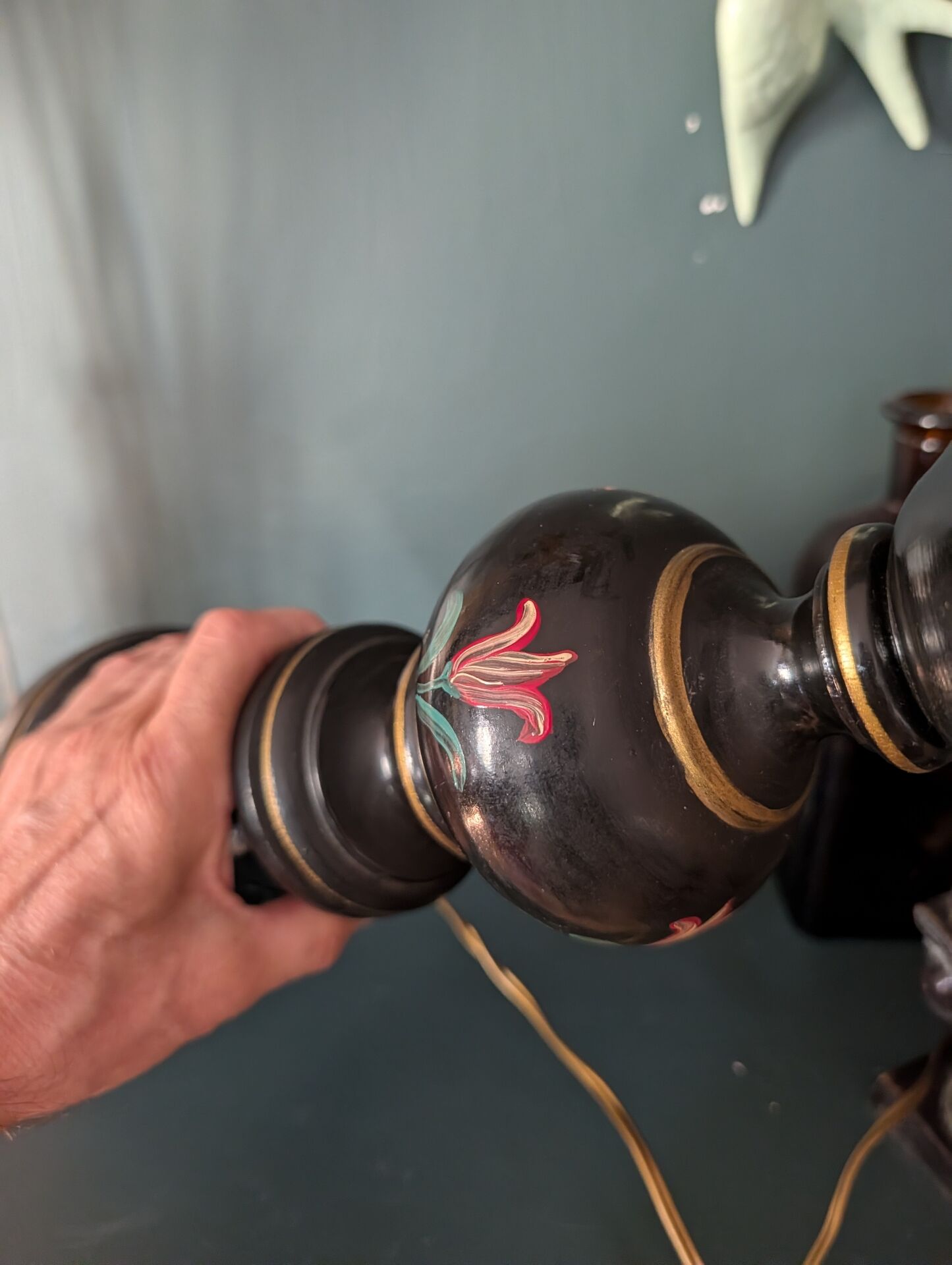 Black turned wooden lamp base – painted floral decoration – 1950s/60s