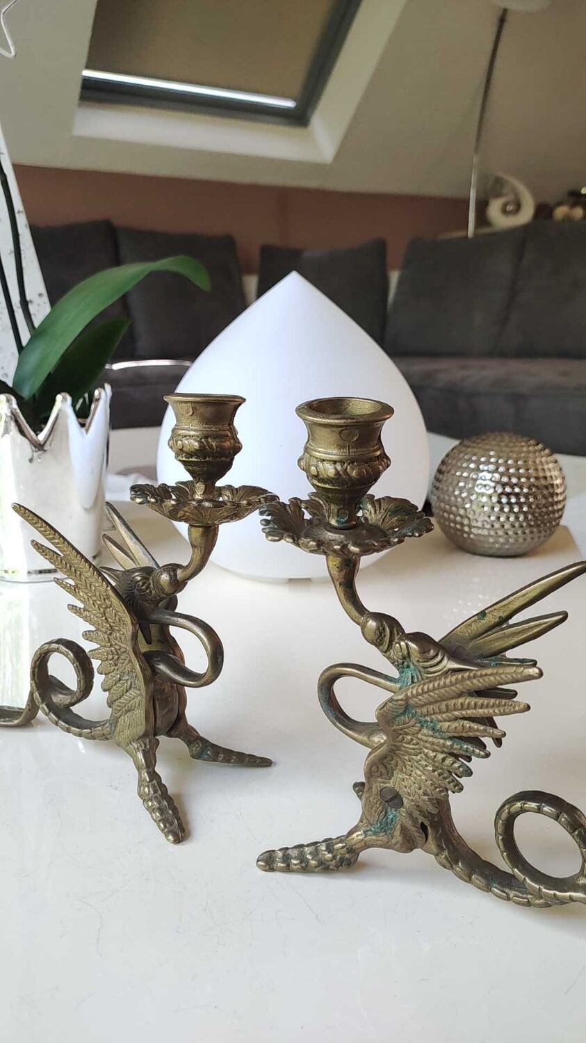 Pair of bougeoirs antiques dragons winged / chimeras / phoenix, style napoleon iii, 19th. in gilded bronze