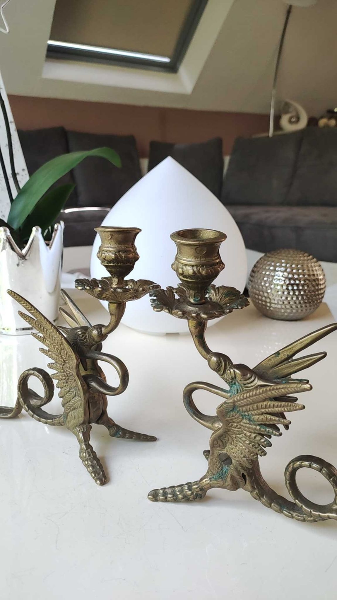 Pair of bougeoirs antiques dragons winged / chimeras / phoenix, style napoleon iii, 19th. in gilded bronze