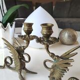 Pair of bougeoirs antiques dragons winged / chimeras / phoenix, style napoleon iii, 19th. in gilded bronze