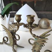 Pair of bougeoirs antiques dragons winged / chimeras / phoenix, style napoleon iii, 19th. in gilded bronze
