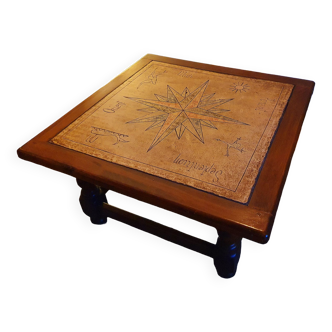 Table basse carrée en bois et pierre de lave émaillée