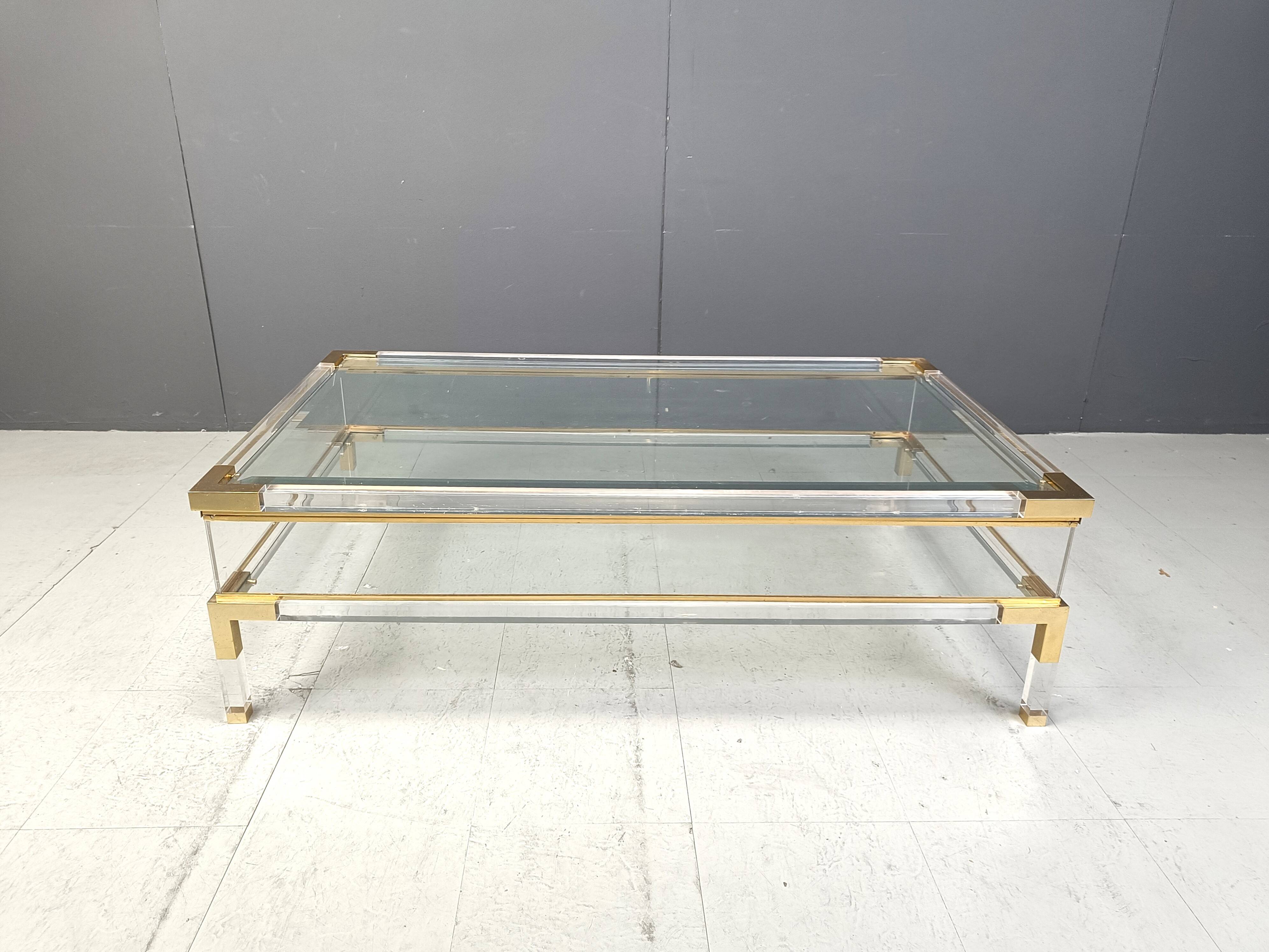 Vintage lucite and brass sliding top coffee table, 1970s
