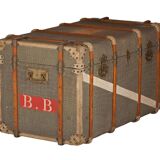 Anc Large cabin trunk in khaki canvas with a snakeskin effect, wood & brass