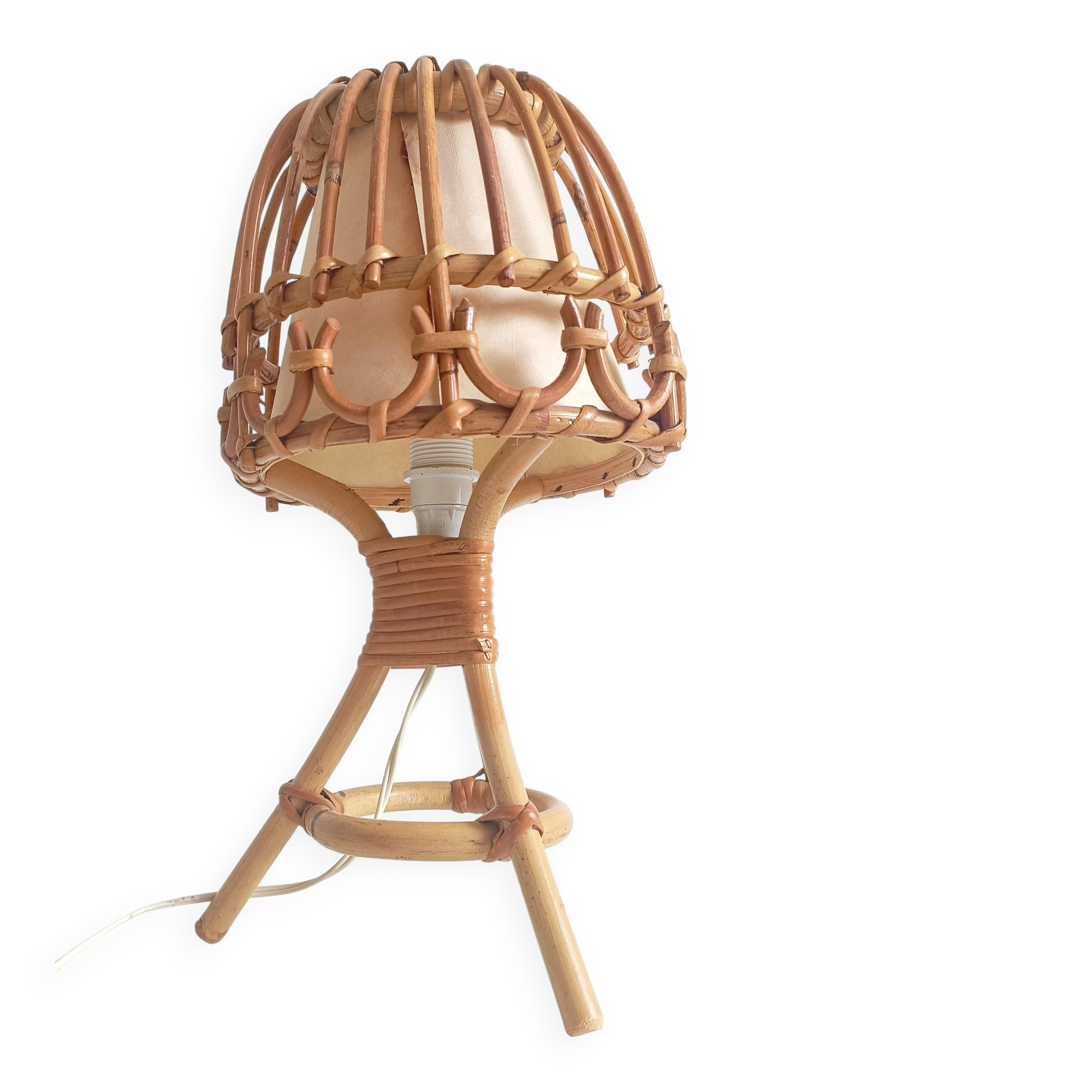 Midcentury Bamboo and Rattan Table Lamp, Attributed to Louis Sognot