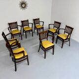 Lot de 8 anciennes chaises fauteuils de bistrot en bois et simili jaune 80’